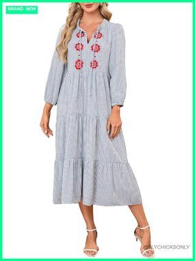 Flowy Maxi Dress with Floral Embroidery and Pockets